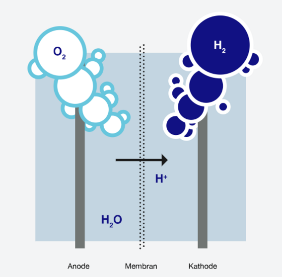 Wasser-Elektrolyse: Hier wird die PEM-Elektrolyse (saurer Elektrolyseur) in einer Infografik anschaulich erklärt.