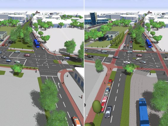 Zwei 3D-Visualisierungen einer Stadtkreuzung zeigen verschiedene Verkehrsplanungsszenarien nebeneinander. Die Darstellungen enthalten Straßen, Parkplätze, Grünflächen, Gebäude und verschiedene Fahrzeuge in einer detaillierten Stadtplanungsansicht.