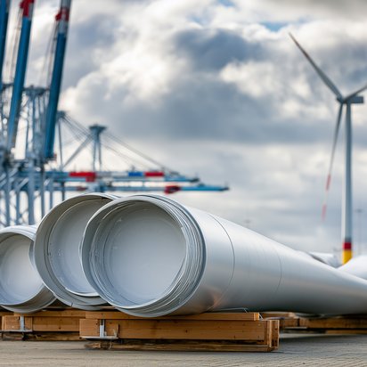 Rotorblätter einer Windenergieanlage im Hafen als Beispiel für kritische Komponenten in technischen Projektlieferketten.