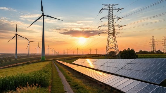 Solaranlagen, Windräder und Strommasten bei Sonnenuntergang auf einem Feld