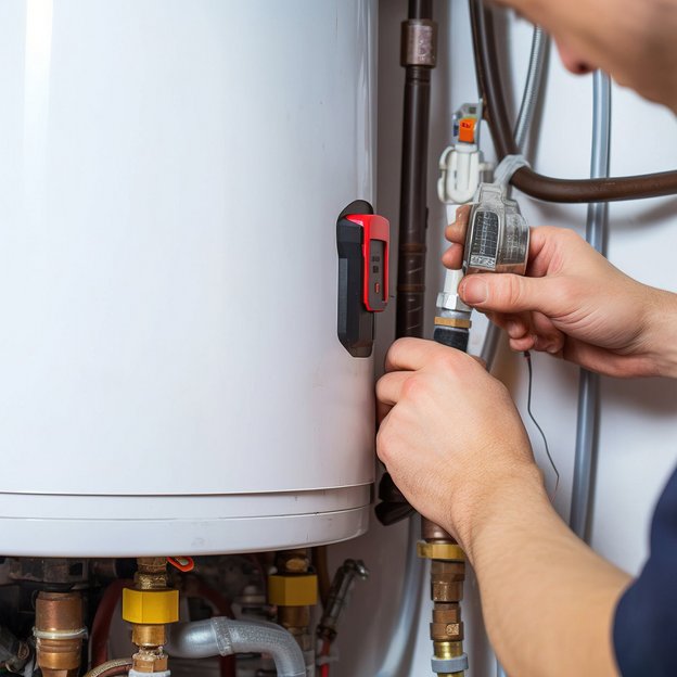 Techniker prüft Heizungsanlage mit einem Durchflussmesser und führt eine Wartung durch