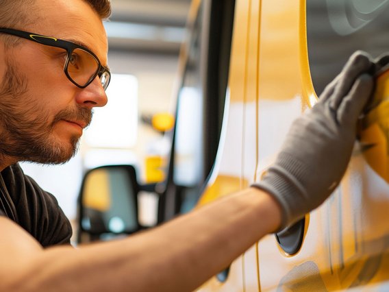 Genehmigungsprüfung an einem gelben Fahrzeug