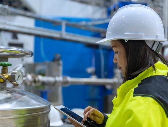 Eine Ingenieurin arbeitet in der Betriebshalle und überprüft einen Ventilregler