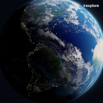 Spektakuläre Weltraumansicht der Erde mit leuchtend blauem Ozean, weißen Wolkenformationen und nächtlichen Stadtlichtern, die gegen den schwarzen Weltraum mit Sternen kontrastiert.