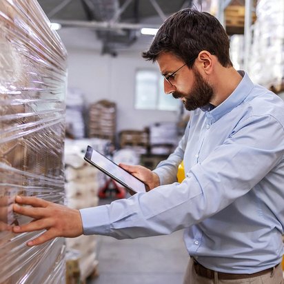 Ein Lagermanager steht in einer Lagerhalle und inspiziert die Ware.