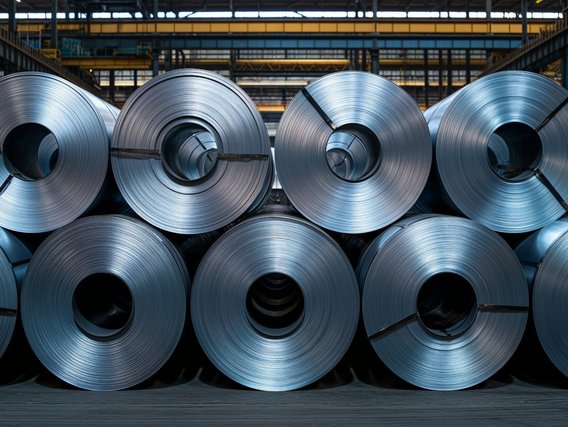 Mehrere aufgerollte Stahlbleche lagern in einer Fabrikhalle, bereit für die Weiterverarbeitung in der Metallindustrie