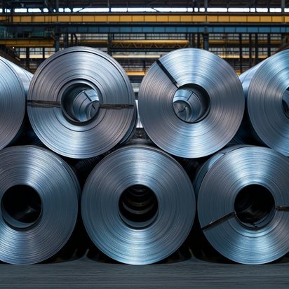 Mehrere aufgerollte Stahlbleche lagern in einer Fabrikhalle, bereit für die Weiterverarbeitung in der Metallindustrie