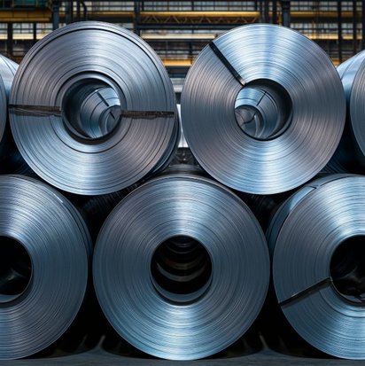 Mehrere aufgerollte Stahlbleche lagern in einer Fabrikhalle, bereit für die Weiterverarbeitung in der Metallindustrie