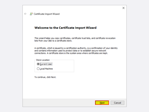 Certificate Import Wizard with selection and highlighted button