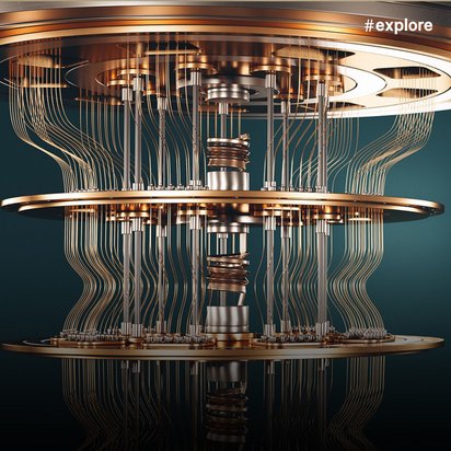Ein modernes Quantencomputer-Bauteil mit goldfarbenen Kreisen und feinen Metalldrähten in einer künstlerischen Darstellung.