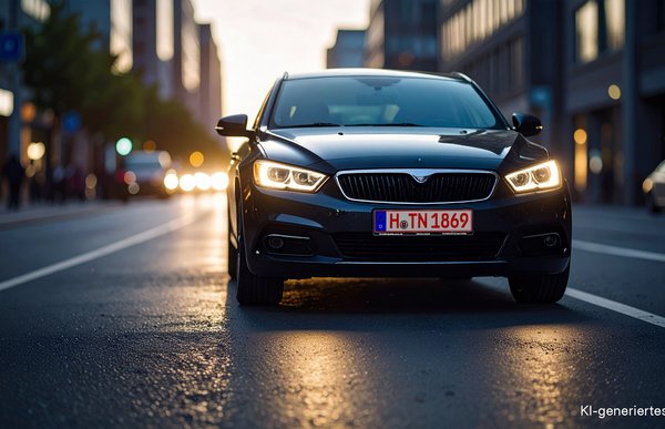 Schwarzes Auto mit roten Kennzeichen auf einer städtischen Straße bei Dämmerung
