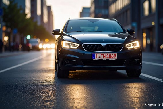 Schwarzes Auto mit roten Kennzeichen auf einer städtischen Straße bei Dämmerung