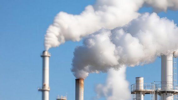 Schornstein mit weißem Rauch vor blauem Himmel – Symbol für Emissionen aus Industrieanlagen