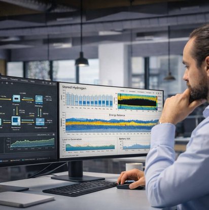 Visualisierung einer Energiefluss-Simulation eines Wasserstoff-Energiesystems mit Windenergie, Elektrolyse und Energiespeicherung.