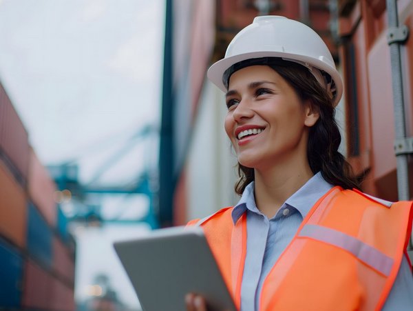 Frau mit Sicherheitshelm und Warnweste, die auf einem Containerhafen ein Tablet nutzt.