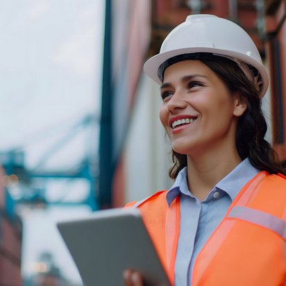 Frau mit Sicherheitshelm und Warnweste, die auf einem Containerhafen ein Tablet nutzt.