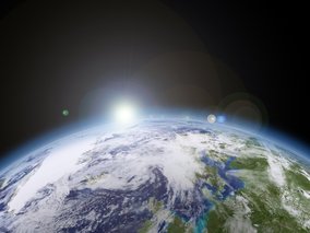 Die Erde wird aus dem Weltraum gezeigt, mit der Sonne, die über dem Horizont aufsteigt und Lichtstrahlen verbreitet.