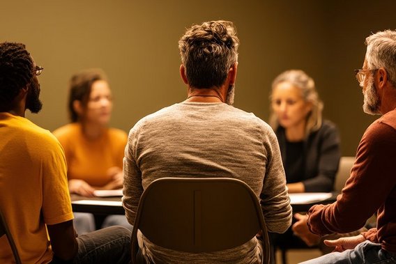 Teilnehmer eines Deeskalationstrainings sitzen in einem Kreis und diskutieren Strategien zur Konfliktlösung.
