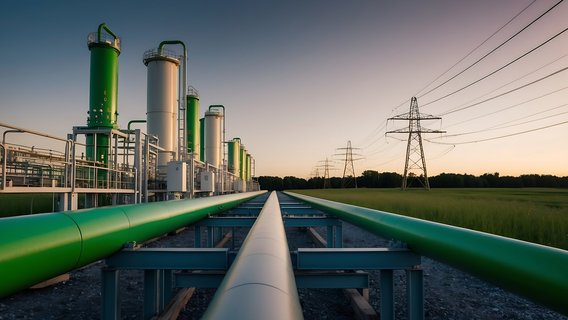 Grüne Pipelineanlagen für Wasserstoff vor Energieinfrastruktur und Stromleitungen bei Sonnenuntergang