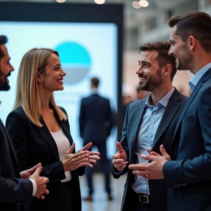 Fachleute im Gespräch bei einer Veranstaltung in einem modernen Geschäftsumfeld