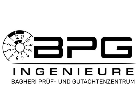 Logo BPG Ingenieure – Bagheri Prüf- und Gutachtzentrum Schwarz-weißes Logo von BPG Ingenieure mit Prüfplakette und Schriftzug „Bagheri Prüf- und Gutachtzentrum“.