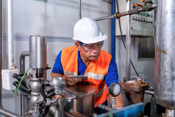 Techniker mit Schutzhelm und Warnweste inspiziert industrielle Rohrleitungen und Anlagenkomponenten