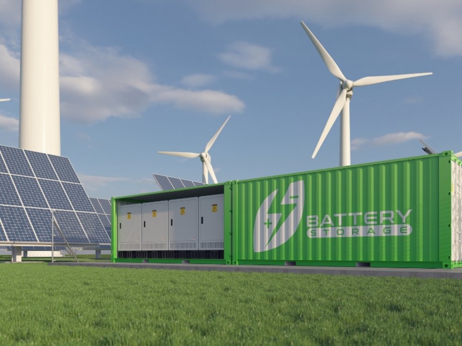 Grüner Batteriespeicher-Container mit "BATTERY STORAGE" Beschriftung neben Solarpaneelen und Windrädern auf grüner Wiese.