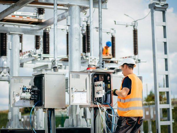 Techniker mit Warnweste und Helm arbeitet an einer offenen Schalttafel in einer Energieanlage im Freien.