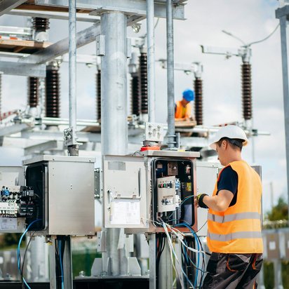Techniker mit Warnweste und Helm arbeitet an einer offenen Schalttafel in einer Energieanlage im Freien.