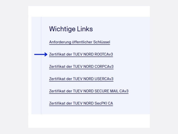 Important links with the arrow pointing to the TÜV NORD GROUP master certificate 