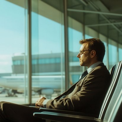 Mann im Anzug sitzt am Flughafen und schaut aus dem Fenster auf ein Flugzeug