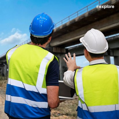 Zwei Bauarbeiter in Schutzkleidung und Warnwesten begutachten eine erhöhte Betonbrücke.