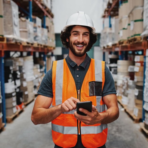 Lagerarbeiter in Sicherheitsweste und Helm nutzt ein Smartphone zur Bestandskontrolle in einem Lager.