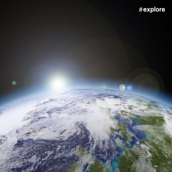 Eine beeindruckende Ansicht der Erde aus dem Weltraum, bei der die Sonne am Horizont aufgeht. Die Erdoberfläche ist teilweise von Wolken bedeckt, und der Ozean sowie grüne Landmassen sind sichtbar. Der Hashtag "#explore" ist oben rechts im Bild zu sehen.