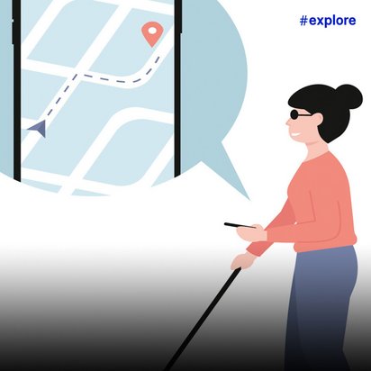 Eine Person mit Blindenstock und Smartphone steht vor einer großen Sprechblase, die eine Navigationskarte mit Routenmarkierung und einem roten Standortpin zeigt. Die Illustration verdeutlicht barrierefreie Navigation und digitale Orientierungshilfen für sehbehinderte Menschen.