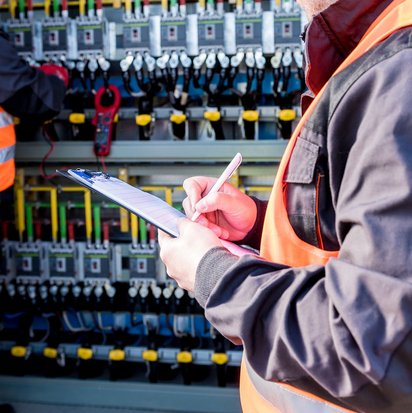 Zwei Techniker mit Warnwesten prüfen eine Schalttafel und notieren Daten auf einem Tablet.