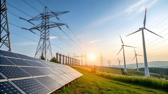 Solar- und Windenergieanlagen in einer grünen Landschaft, Symbol für Sektorkopplung und nachhaltige Energievernetzung mit TÜV NORD.