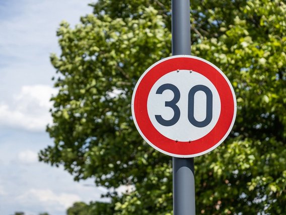 Tempo-30-Schild an grauem Mast vor üppig grünem Baum und blauem Himmel mit leichten Wolken.