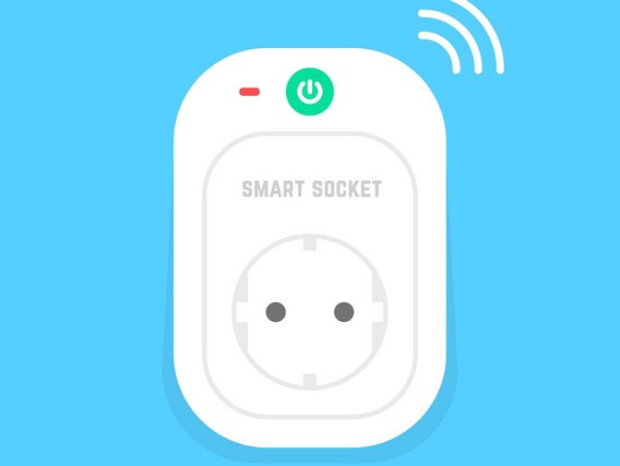 Ein weißer smarter Stecker mit WLAN-Funktion auf blauem Hintergrund, mit einem grünen Ein/Aus-Knopf und einer europäischen Steckdose.