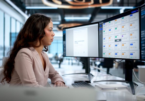 Person tippt auf Laptop mit schwebendem Interface aus Ordner- und Dokumentensymbolen.