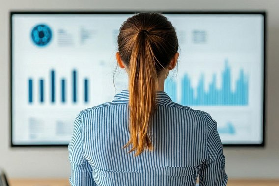 Frau betrachtet eine große Bildschirmanzeige mit blauen Diagrammen und Datenvisualisierungen.