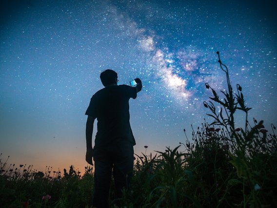 Silhouette einer Person, die mit dem Smartphone den Sternenhimmel und die Milchstraße fotografiert, umgeben von Gräsern in der Dämmerung.