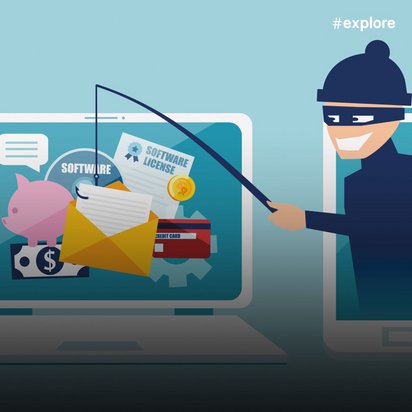 Ein maskierter Betrüger angelt mit einer Rute verschiedene Gegenstände wie Sparschwein, Kreditkarte und Software-Lizenz von einem Laptop. Illustriert umfassende Cyberkriminalität und Datendiebstahl.