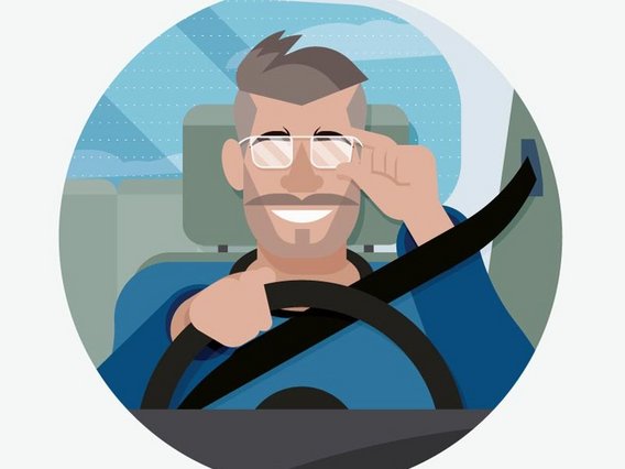  Illustration eines lächelnden Mannes mit Brille, der mit einer Hand seine Brille berührt während er Auto fährt. Er trägt einen Sicherheitsgurt und lächelt.