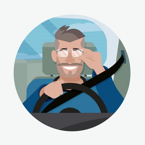  Illustration eines lächelnden Mannes mit Brille, der mit einer Hand seine Brille berührt während er Auto fährt. Er trägt einen Sicherheitsgurt und lächelt.