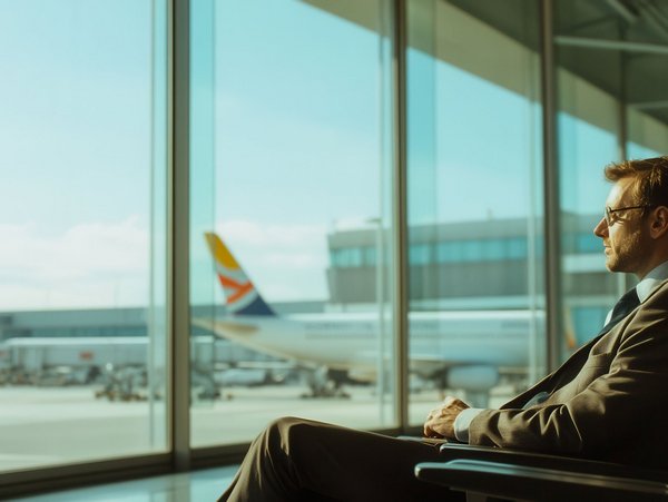 Mann im Anzug sitzt am Flughafen und schaut aus dem Fenster auf ein Flugzeug