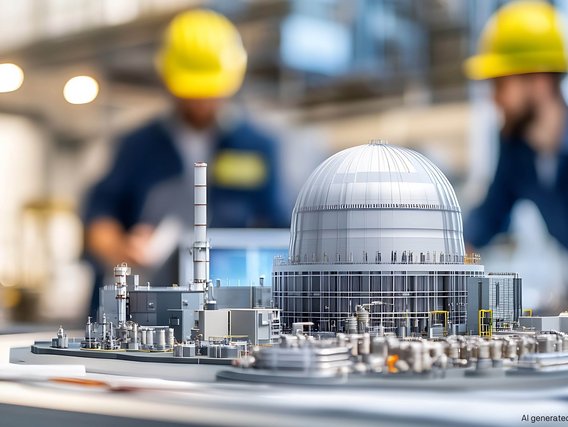 Miniaturmodell eines Kernkraftwerks im Ingenieurbüro mit Technikern im Hintergrund