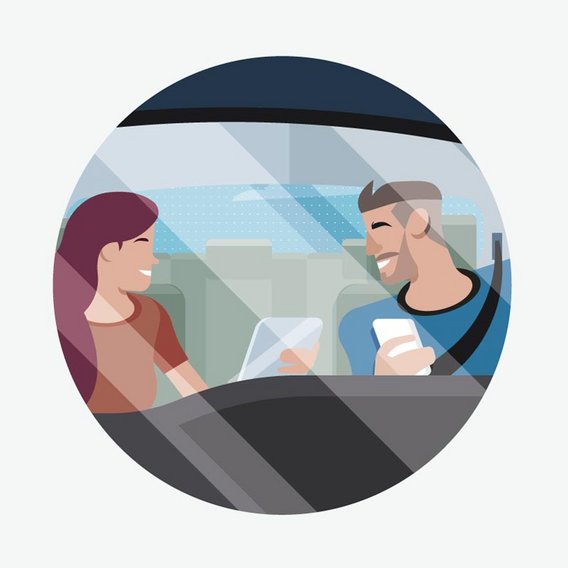  Illustration eines lächelnden Mannes und einer Frau in einem Auto, die durch ein Fenster miteinander sprechen. Beide halten Smartphones oder Tablets in den Händen.
