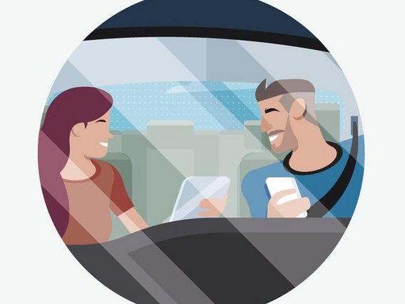  Illustration eines lächelnden Mannes und einer Frau in einem Auto, die durch ein Fenster miteinander sprechen. Beide halten Smartphones oder Tablets in den Händen.