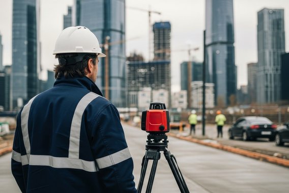 Ingenieur mit Vermessungsgerät auf einer städtischen Großbaustelle